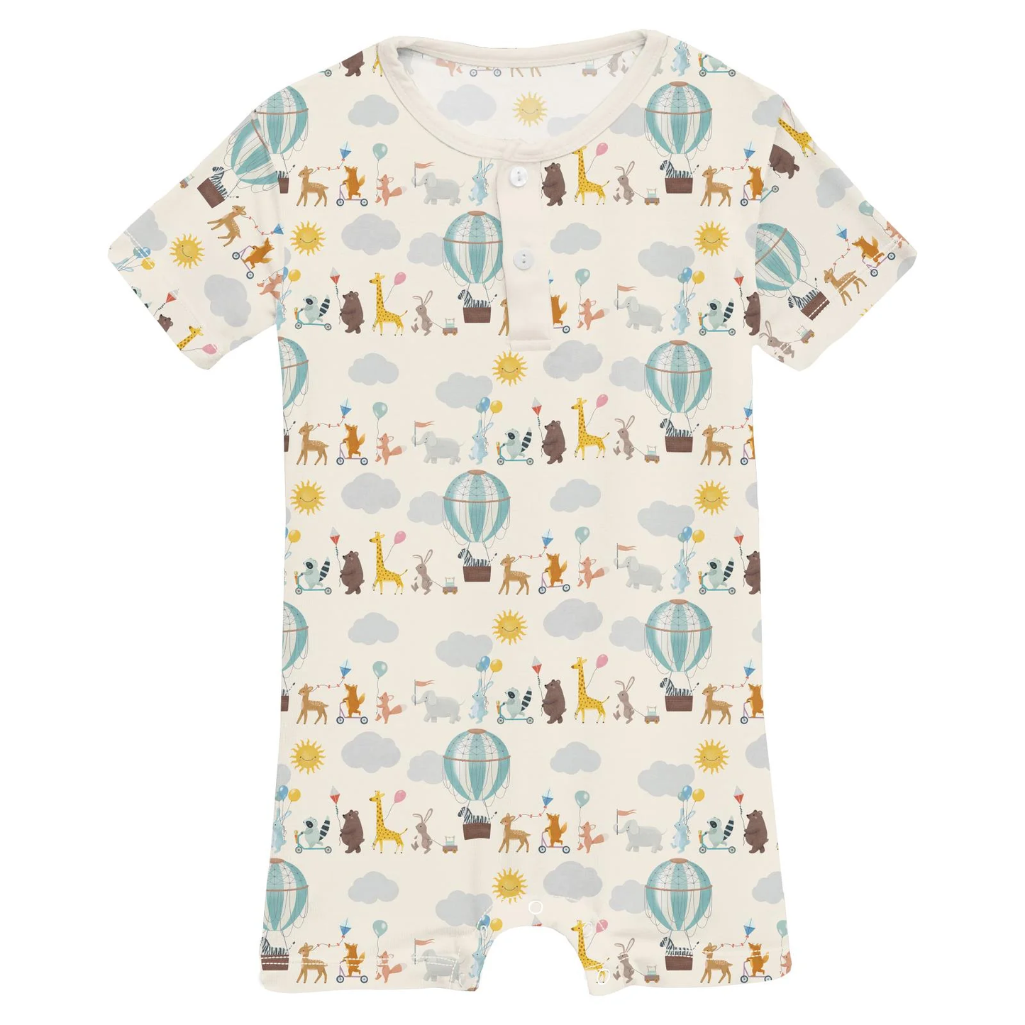 Print Short Sleeve Henley Romper in Natural Animal Parade