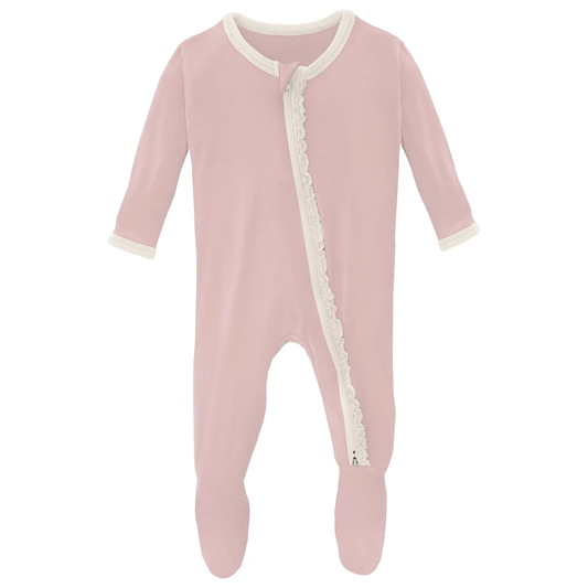Muffin Ruffle Footie W/2-Way Zipper - Baby Rose with Natural
