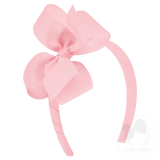 Medium Classic Grosgrain Girls Hair Bow on Headband - Light Pink