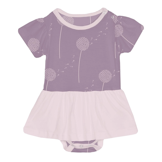 Print Short Sleeve Skirted One Piece - Lavender Dandelion Wish