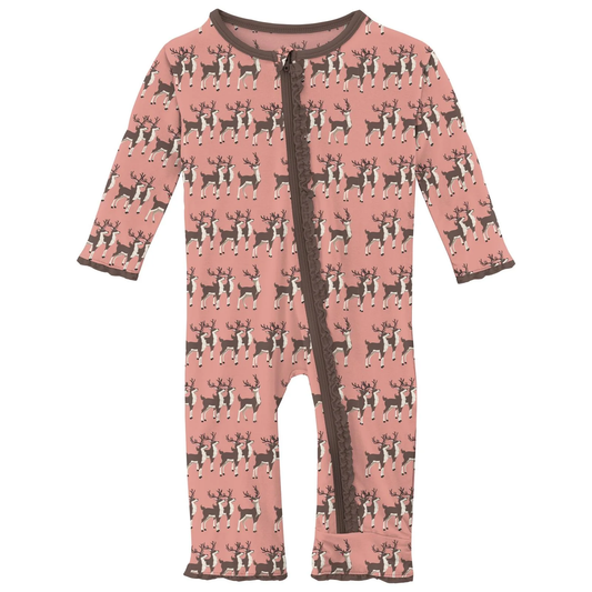 Muffin Ruffle Coverall W/2-Way Zipper - Blush Rudolph