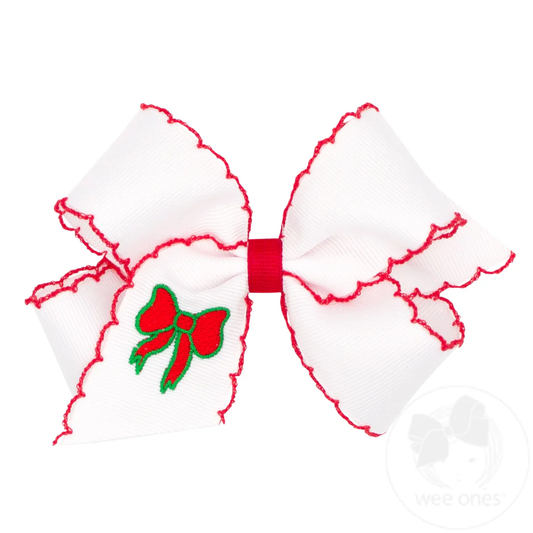 Medium Grosgrain Hair Bow with Moonstitch Edge and Christmas Embroider - White with Bow