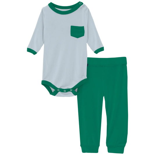 Long Sleeve Pocket One Piece & Pants Outfit Set - Illusion Blue with Leaf
