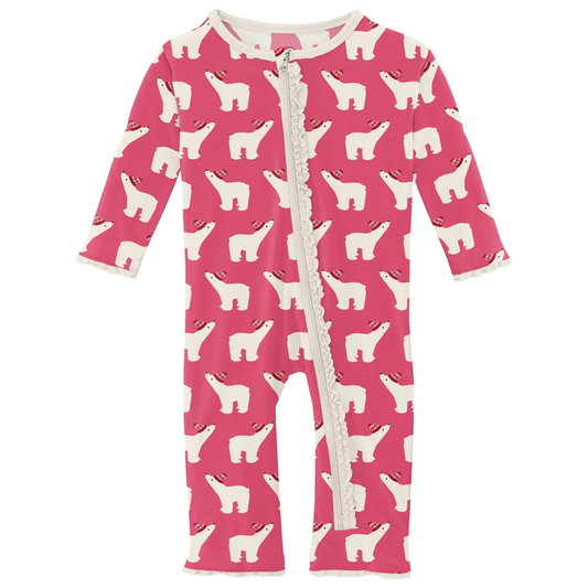 Muffin Ruffle Coverall W/2-Way Zipper - Winter Rose Polar Bears