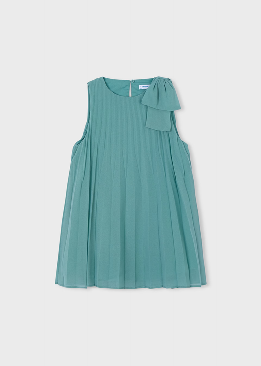Girl Pleated Dress with Shoulder Bow - Mint