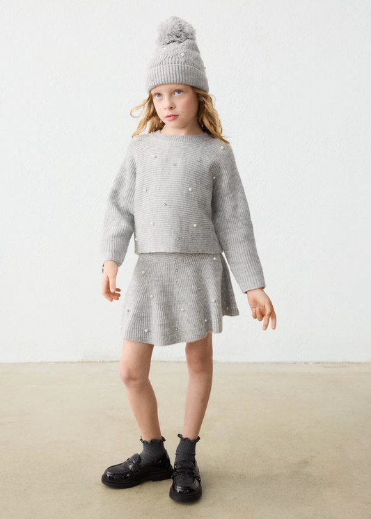 Girl Knit Sweater With Pearls - Grey