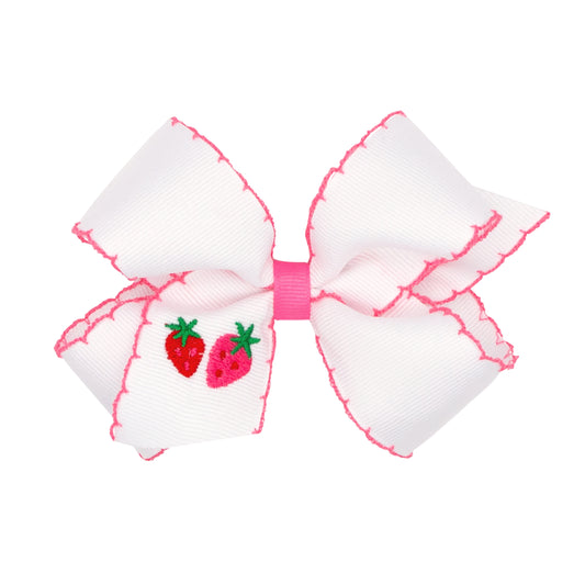 King Grosgrain Hair Bow with Moonstitch Edge and Strawberry Embroidery Knot