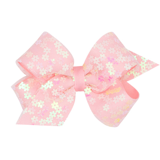 King Flower Sequin Tulle Overlay Grosgrain Hair Bow  with Knot