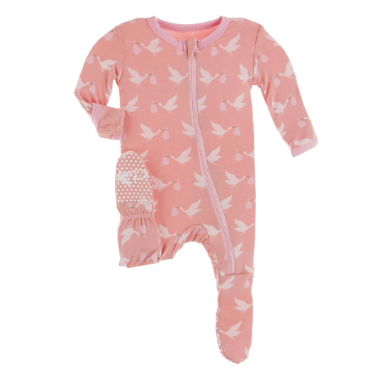 Print Footie W/2-Way Zipper - Blush Stork