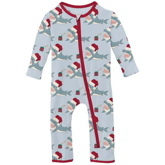 Print Coverall W/2-Way Zipper - Blue Holiday Sharks