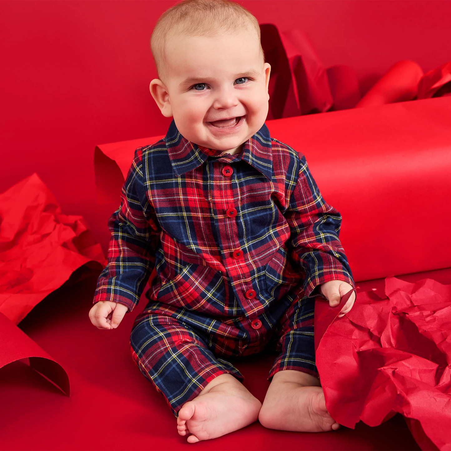 Magnetic Polo Romper - Holiday Plaid Flannel Patch Pocket Romper