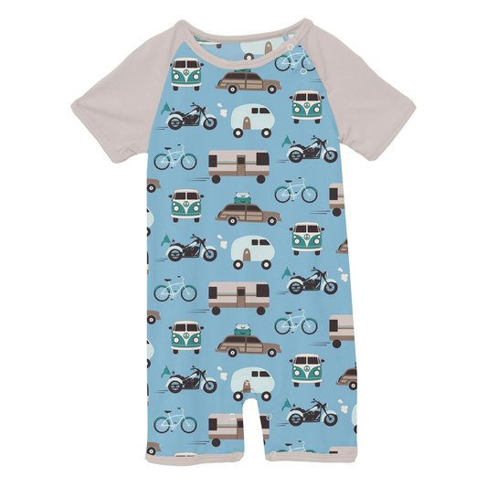 Print Short Sleeve Raglan Romper - Seaside Blue On the Way