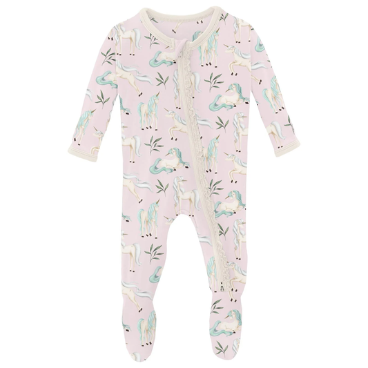 Muffin Ruffle Footie with 2 Way Zipper - Shrinking Violet Sleeping Unicorns