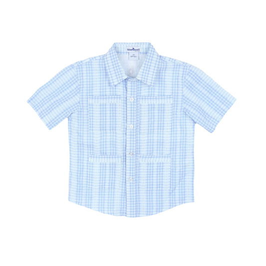 Guayabera - Blue Plaid Linen Short Sleeve Shirt
