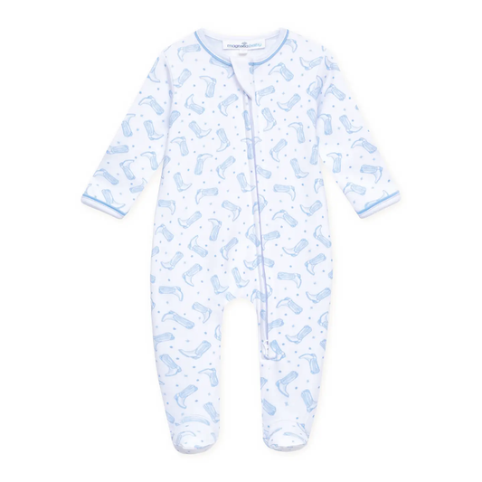 Darling Cowboy Boots Print Zip Footie - Light Blue