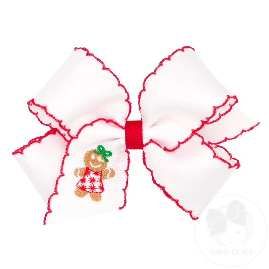 Medium Grosgrain Hair Bow with Moonstitch Edge and Christmas Embroider - Gingerbread