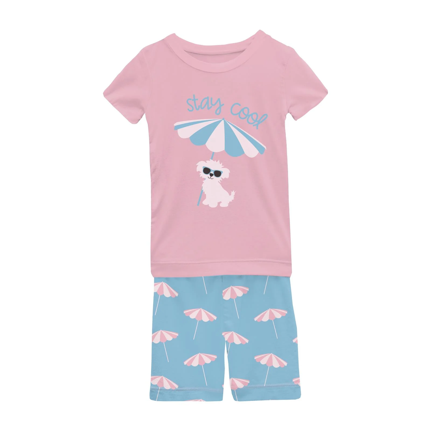 Short Sleeve Graphic Tee Pajama Set with Shorts in Seaside Blue Beach Umbrellas