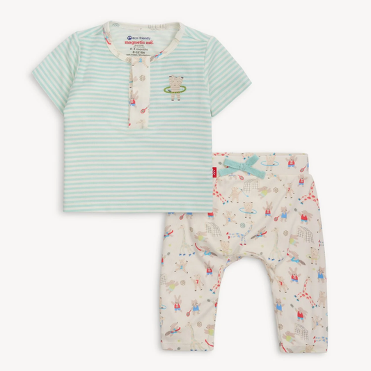 Furry Field Day Modal Magnetic Roll Around Short Sleeve Henley Top + Pant Set