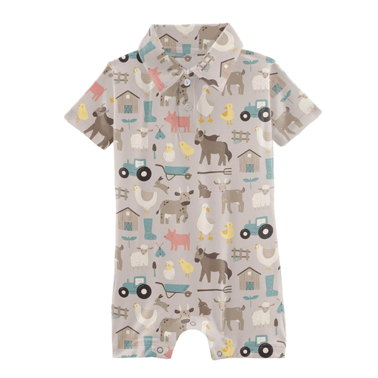 Printed Short Sleeve Polo Romper - Latte Morning on the Farm