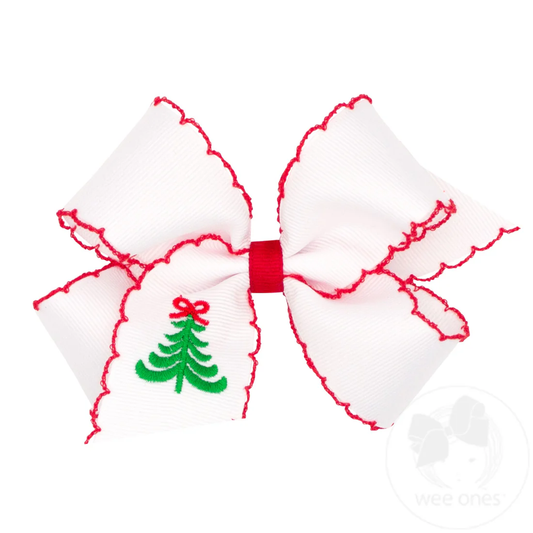 King Grosgrain Hair Bow with Moonstitch Edge and Christmas Embroider - White Tree