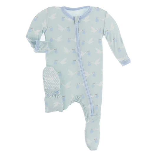 Print Footie W/2-Way Zipper - Spring Sky Stork