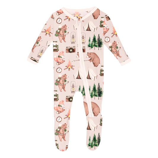 Footie with 2 Way Zipper - Latte Camping Animals