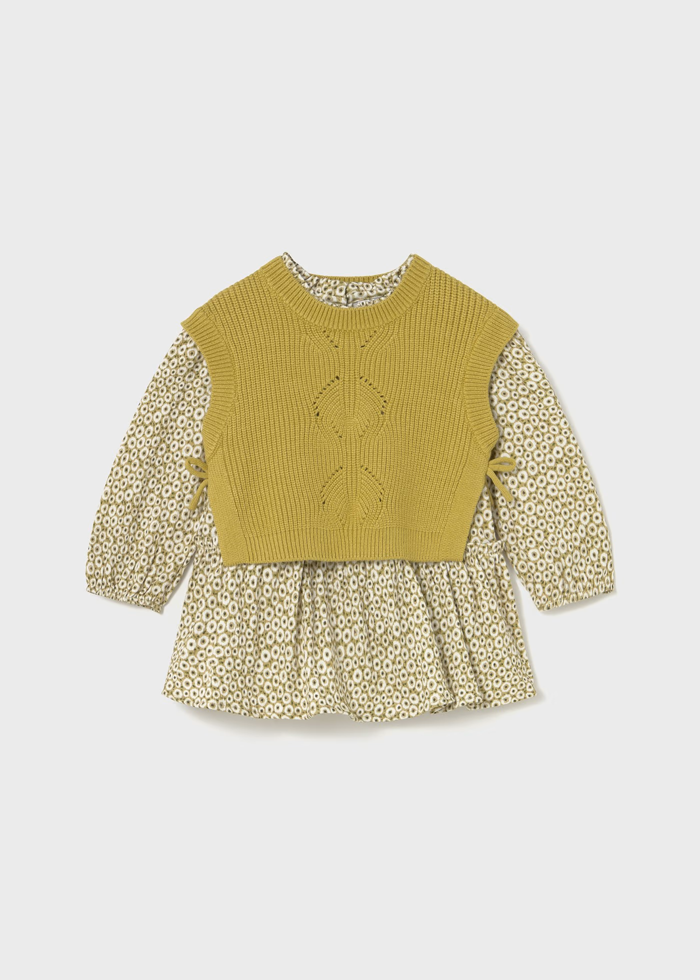 Baby Dress with Faux Knit Vest - Light Olive