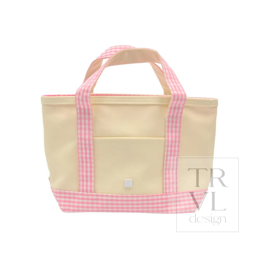 Mini Tote - Coated Canvas Natural with Gingham Pink Trim