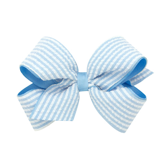 Medium Genuine Seersucker Fabric Grosgrain Overlay Hair Bow with Knot