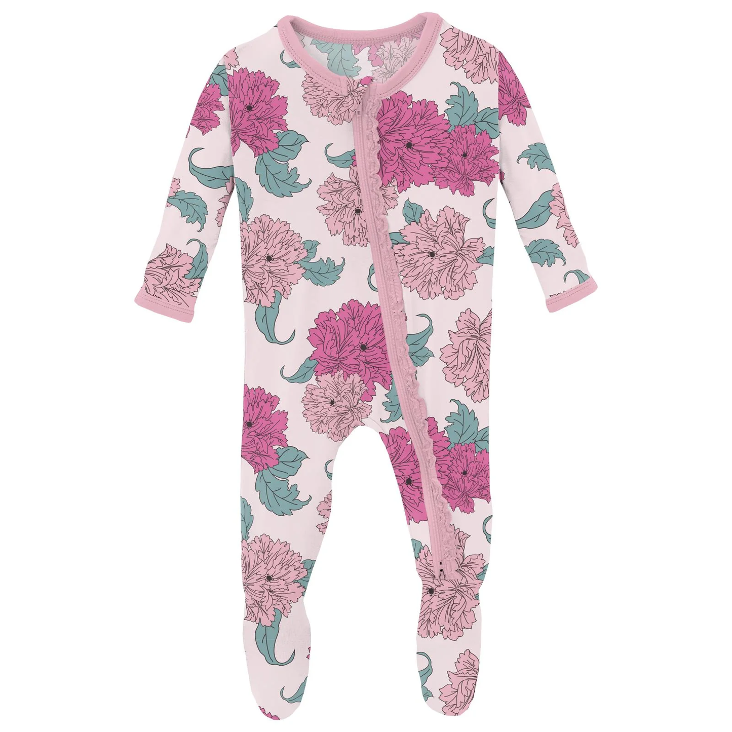 Print Muffin Ruffle Footie with 2 Way Zipper in Shrinking Violet Peonies