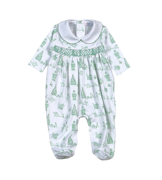 Green Christmas Toile Hand Smocked Footie