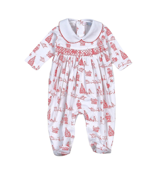 Red Christmas Toile Hand Smocked Footie