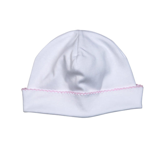 White Beanie Pink Picot Trim