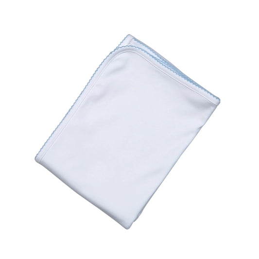 White Receiving Blanket Blue Picot Trim