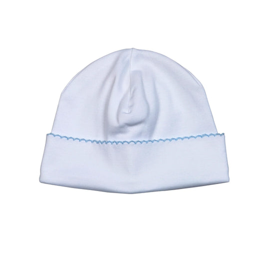 White Beanie Blue Picot Trim