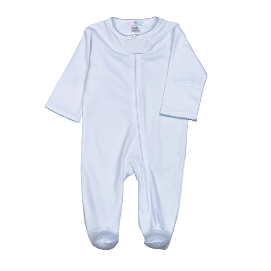 White Zipper Footie Blue Picot Trim