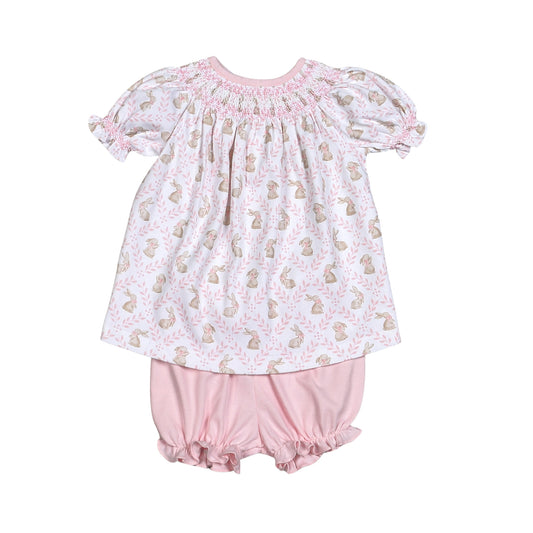 Pink Easter Bunnies Pima Hand Smocked Bloomer Set