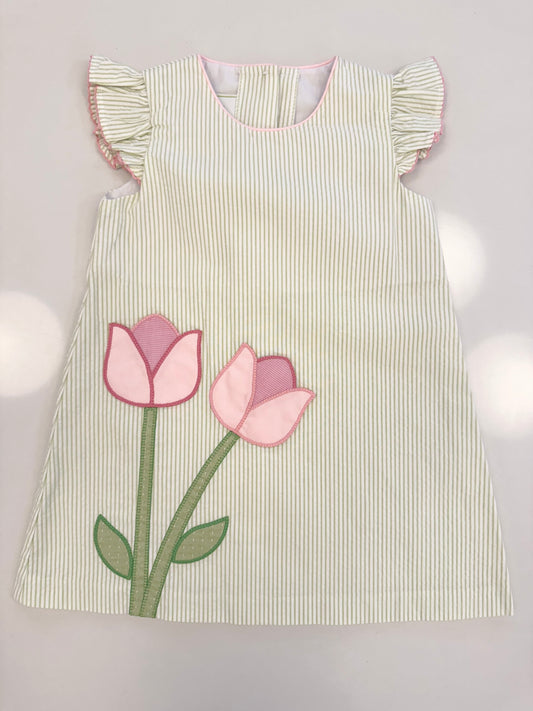 Tulips Sloane Dress, Lime Green Stripe Seersucker