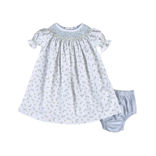 Mia Blue Floral Pima Hand Smocked Bishop Dress