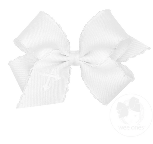 Medium White Grosgrain Hair Bow with Moonstitch Edge and Cross Embroidery on Tail