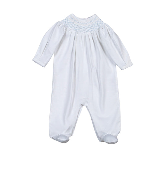 Time White/Blue Hand Smocked Bishop Pima Footie