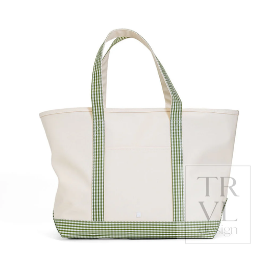 Maxi Tote - Coated Canvas Large Natural with Gingham Moss Trim