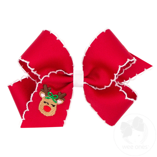 King Grosgrain Hair Bow with Moonstitch Edge and Christmas Embroider - Red Reindeer