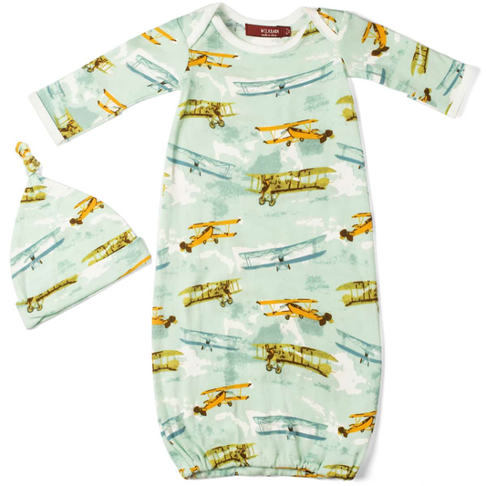 Vintage Planes Organic Cotton Newborn Gown & Hat Set