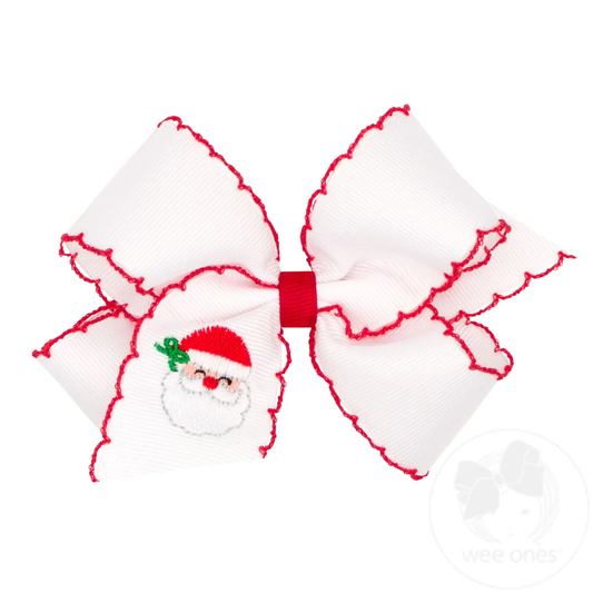 Medium Grosgrain Hair Bow with Moonstitch Edge and Christmas Embroider - White Santa
