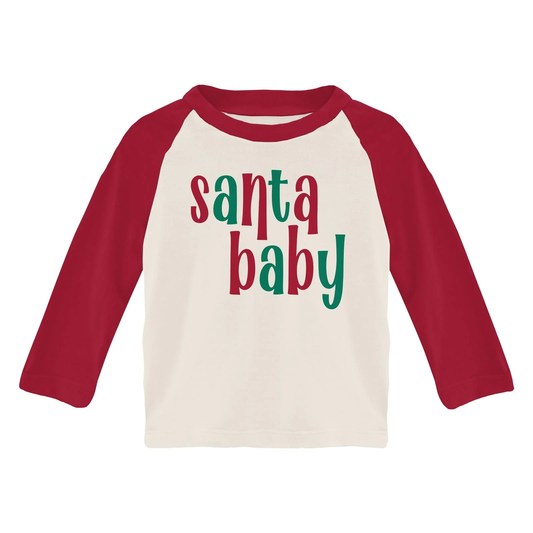 Long Sleeve Crew Neck Graphic Ragland Tee - Natural Santa Baby