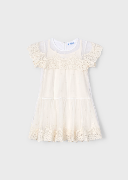 Girl Embroidered Tulle Dress - Bone