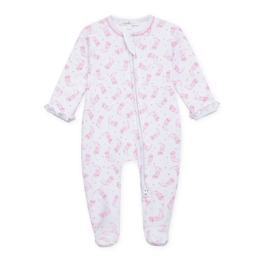Darling Cowboy Boots Print Ruffle Zip Footie - Pink