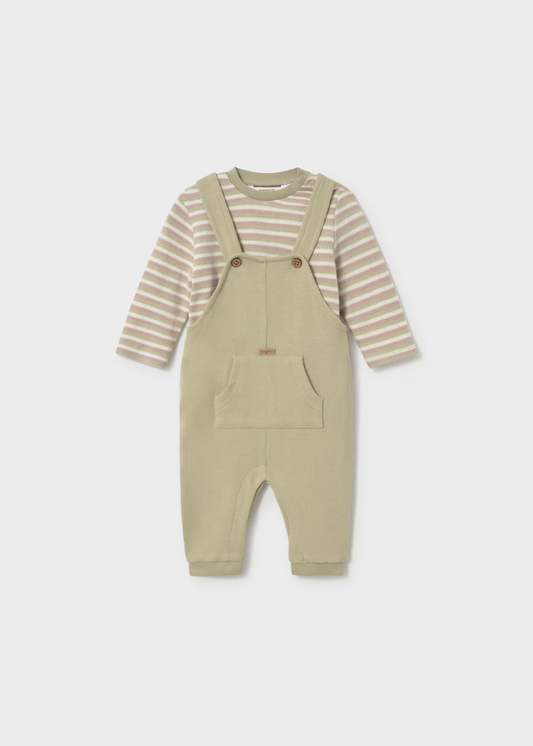 Newborn Boy Dungaree with Striped T-Shirt - Bay Leaf