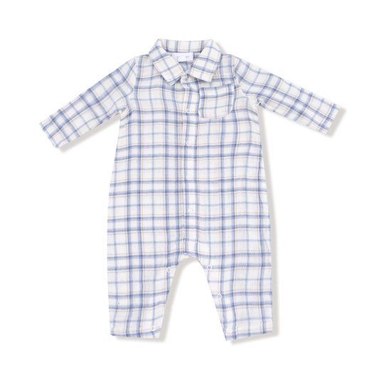 Blue Plaid - Long Sleeve Polo Romper